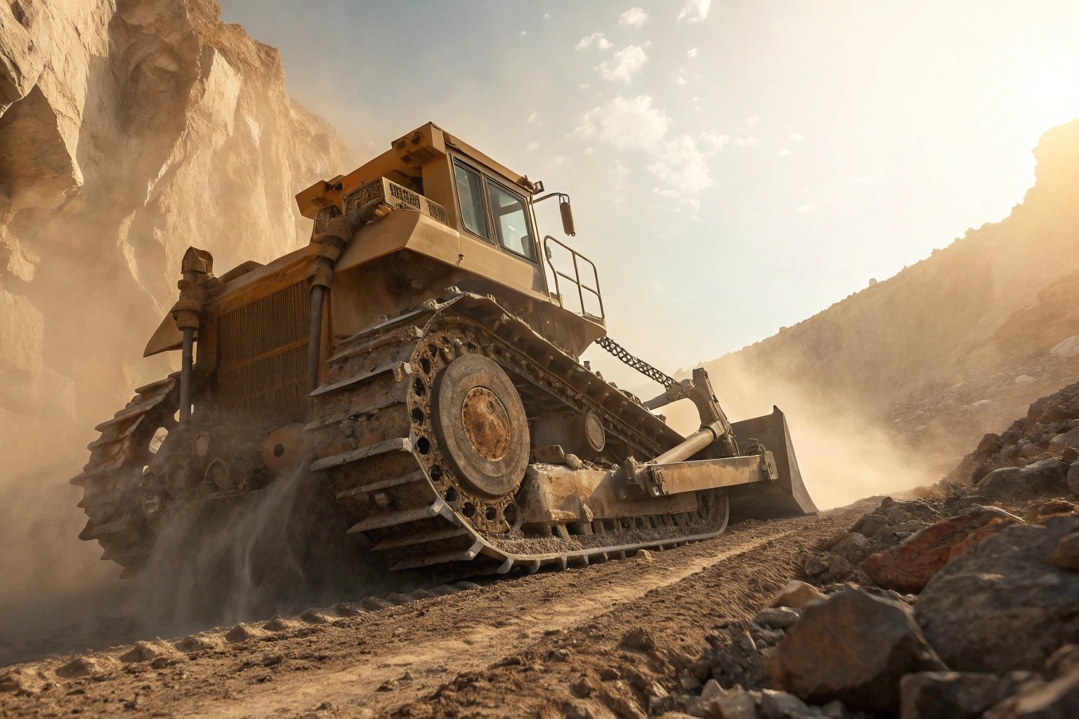 Bulldozer working in dusty quarry site